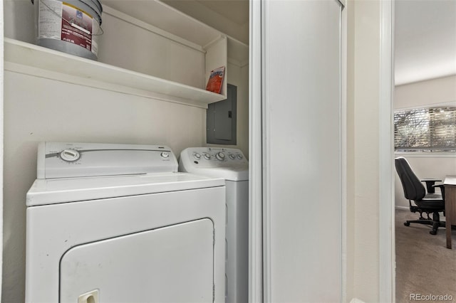 laundry area featuring carpet flooring, independent washer and dryer, and electric panel