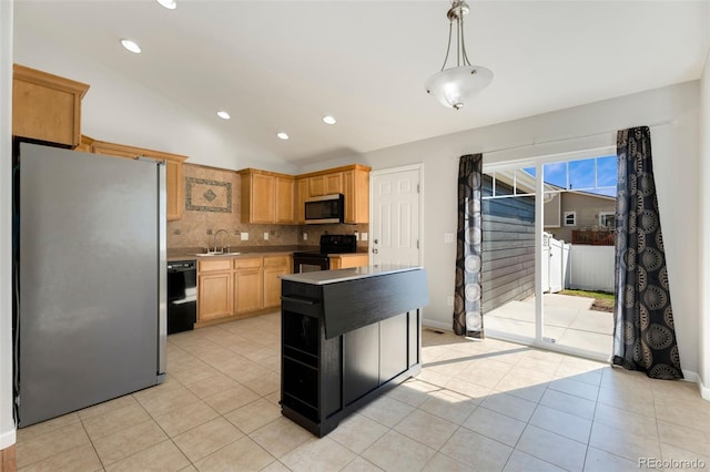 kitchen with pendant lighting, light brown cabinetry, sink, decorative backsplash, and black appliances