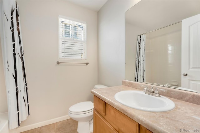 full bathroom featuring shower / tub combo with curtain, tile patterned floors, vanity, and toilet