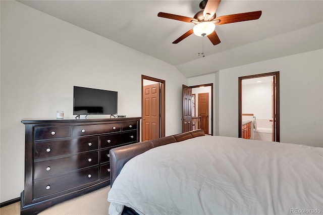 2972 W Long Dr Unit C, Littleton, CO 80120 - bedroom with lofted ceiling, light colored carpet, connected bathroom, and ceiling fan