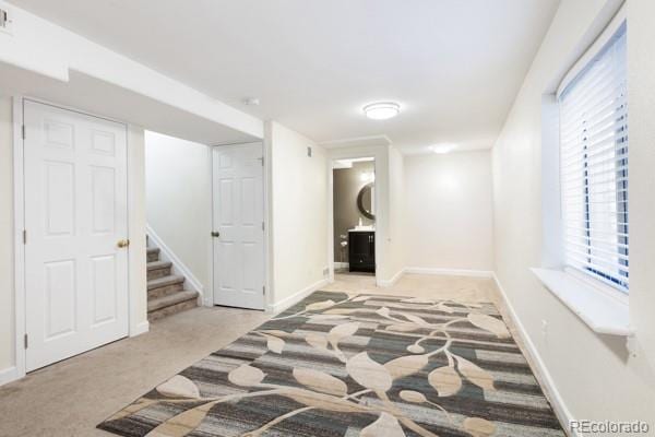 basement with light colored carpet