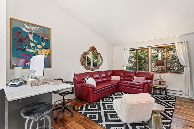 living room with lofted ceiling and dark wood-style flooring