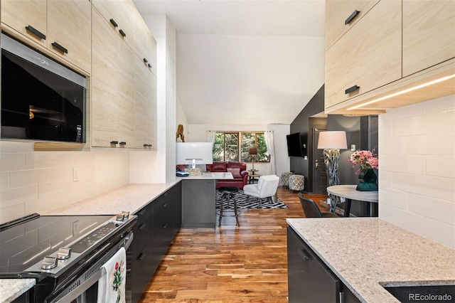 kitchen featuring backsplash, light stone countertops, open floor plan, light wood-style floors, and stainless steel appliances