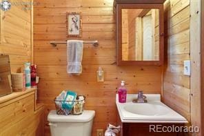 6100 Waterbarrel Rd, Beulah, CO 81023 - bathroom with toilet, vanity, and wooden walls