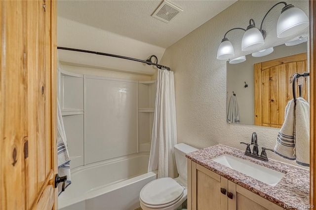 bathroom with shower / bathtub combination with curtain, visible vents, a textured ceiling, toilet, and a textured wall