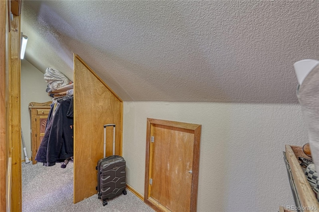 additional living space with lofted ceiling, a textured wall, carpet floors, and a textured ceiling