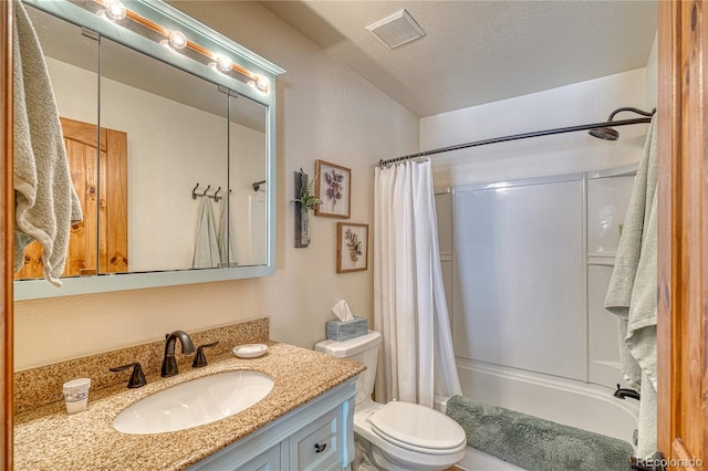 full bath with visible vents, toilet, vanity, shower / tub combo, and a textured ceiling