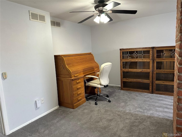 home office with carpet and ceiling fan