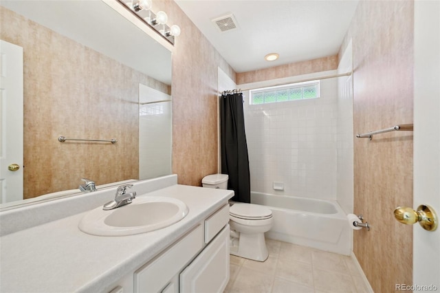 16275 Electra St, Brighton, CO 80603 - bathroom featuring visible vents, shower / tub combo with curtain, tile patterned flooring, vanity, and toilet