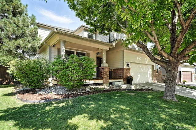 4253 Lark Sparrow St, Highlands Ranch, CO 80126 - view of front of home featuring concrete driveway, a front lawn, an attached garage, and brick siding