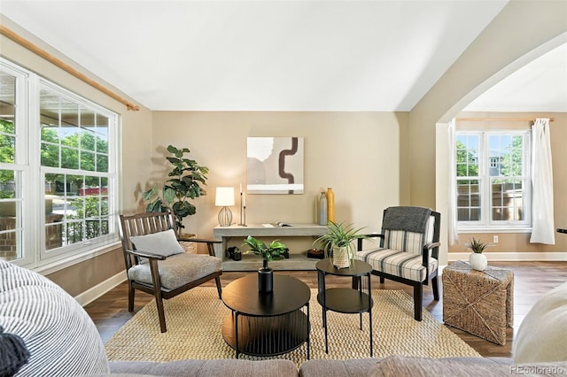 4253 Lark Sparrow St, Highlands Ranch, CO 80126 - sitting room with plenty of natural light, wood finished floors, and arched walkways