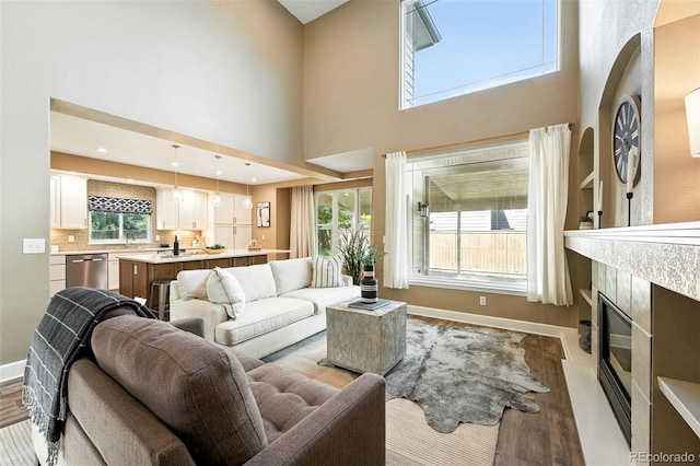 4253 Lark Sparrow St, Highlands Ranch, CO 80126 - living room with a fireplace, wood finished floors, and a high ceiling
