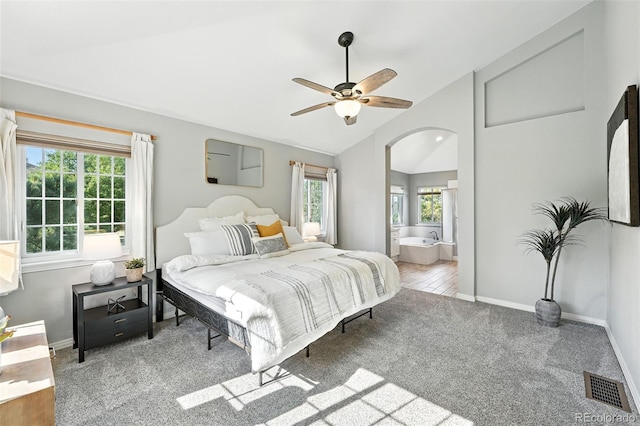 4253 Lark Sparrow St, Highlands Ranch, CO 80126 - bedroom with vaulted ceiling, carpet floors, multiple windows, arched walkways, and a ceiling fan