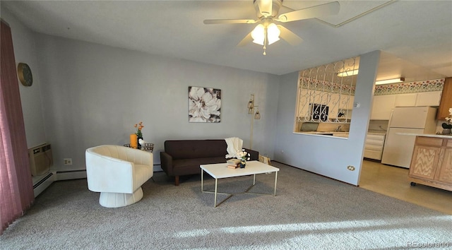 living room featuring a baseboard radiator and ceiling fan