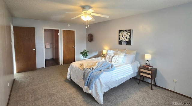 bedroom with ceiling fan and carpet flooring