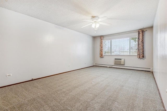 unfurnished room featuring a textured ceiling, an AC wall unit, carpet floors, ceiling fan, and a baseboard heating unit