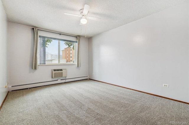 empty room featuring a wall mounted AC, carpet, a baseboard heating unit, ceiling fan, and a textured ceiling