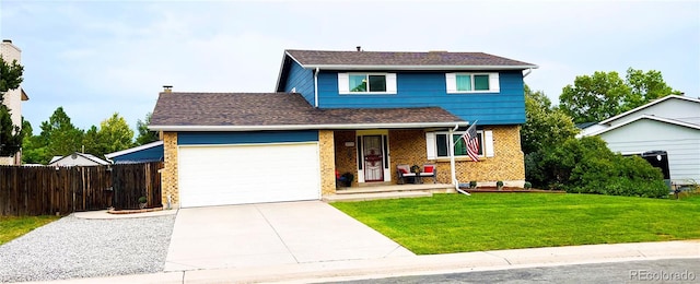 view of property featuring a garage and a front lawn