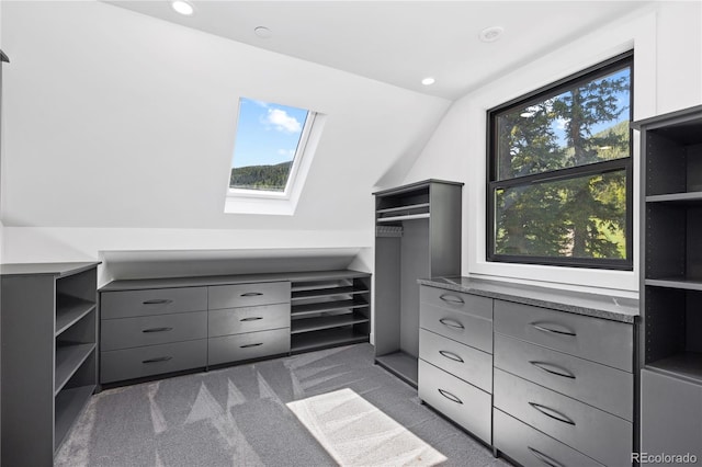 walk in closet featuring dark colored carpet and vaulted ceiling with skylight