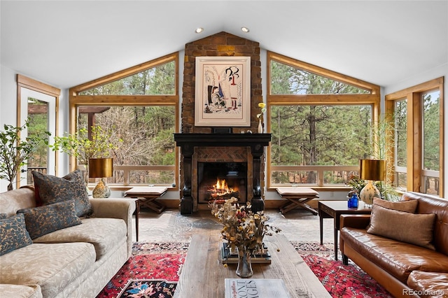 10231 Democrat Rd, Parker, CO 80134 - living room featuring lofted ceiling, a fireplace, and wood finished floors
