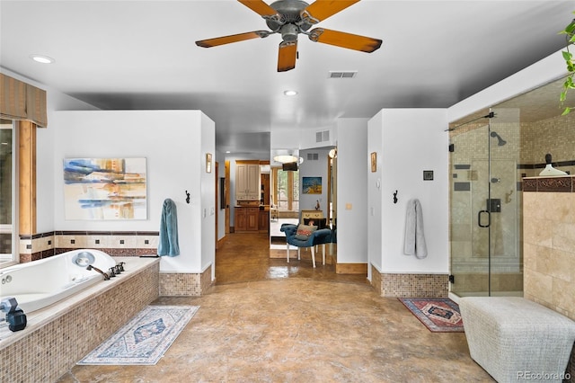 10231 Democrat Rd, Parker, CO 80134 - full bath with a bath, a stall shower, ceiling fan, and recessed lighting