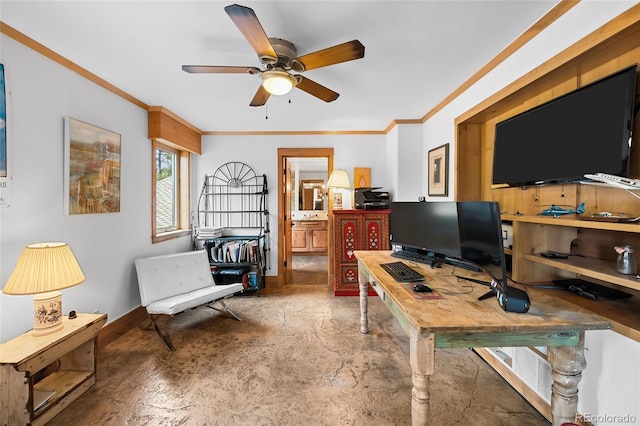 10231 Democrat Rd, Parker, CO 80134 - office area with ornamental molding, a ceiling fan, and concrete flooring