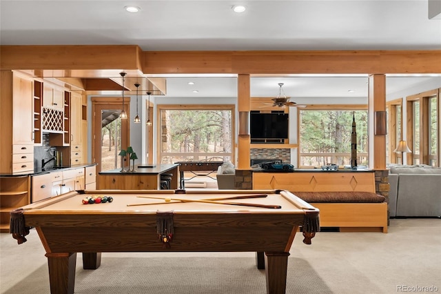 10231 Democrat Rd, Parker, CO 80134 - rec room featuring light colored carpet, a ceiling fan, pool table, healthy amount of natural light, and recessed lighting