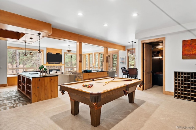 10231 Democrat Rd, Parker, CO 80134 - recreation room with light carpet, recessed lighting, pool table, and a fireplace