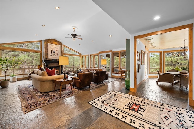 10231 Democrat Rd, Parker, CO 80134 - living area featuring a ceiling fan, a large fireplace, recessed lighting, and high vaulted ceiling