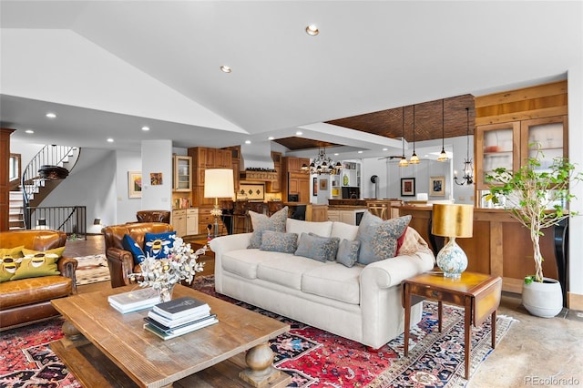 10231 Democrat Rd, Parker, CO 80134 - living room featuring a chandelier, lofted ceiling, stairway, and recessed lighting