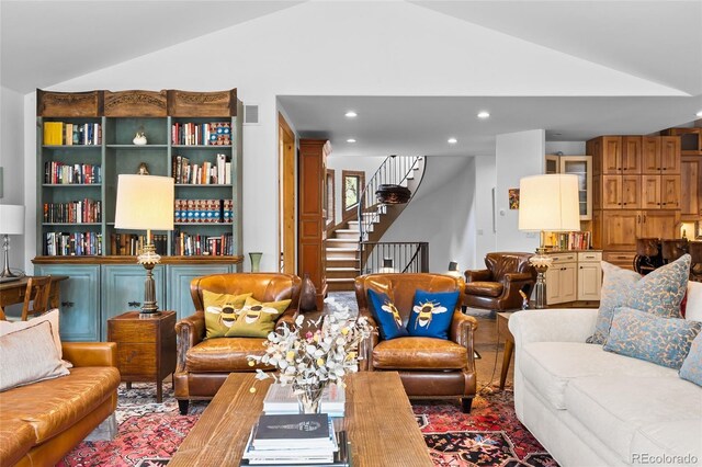 10231 Democrat Rd, Parker, CO 80134 - living room with vaulted ceiling, stairway, and recessed lighting