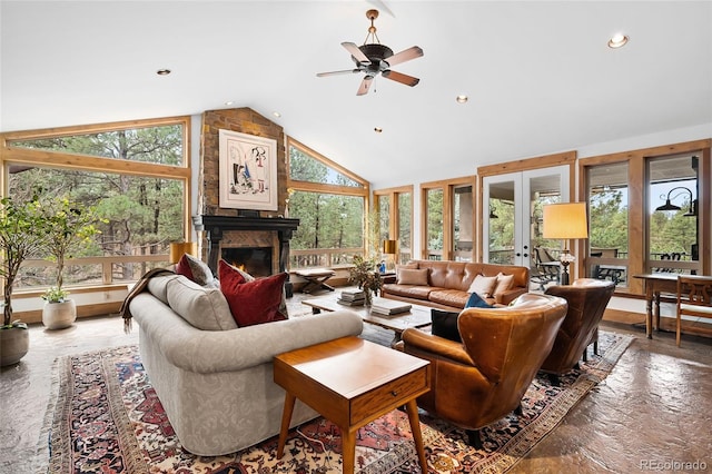 10231 Democrat Rd, Parker, CO 80134 - living area with a ceiling fan, a large fireplace, recessed lighting, high vaulted ceiling, and french doors