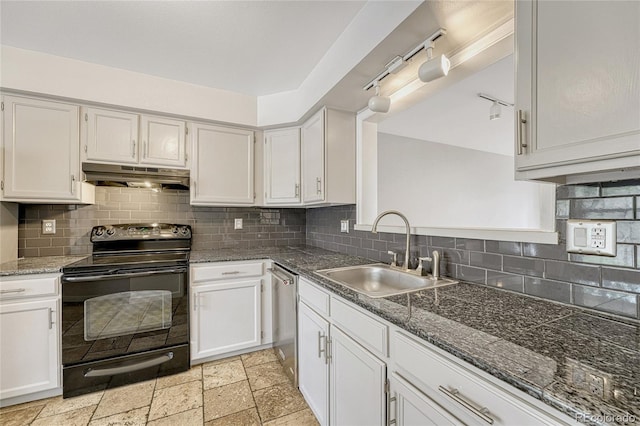 kitchen featuring tasteful backsplash, white cabinetry, black range with electric cooktop, sink, and light tile patterned flooring