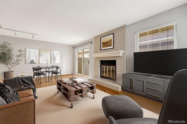 living room featuring a fireplace, track lighting, and wood-type flooring