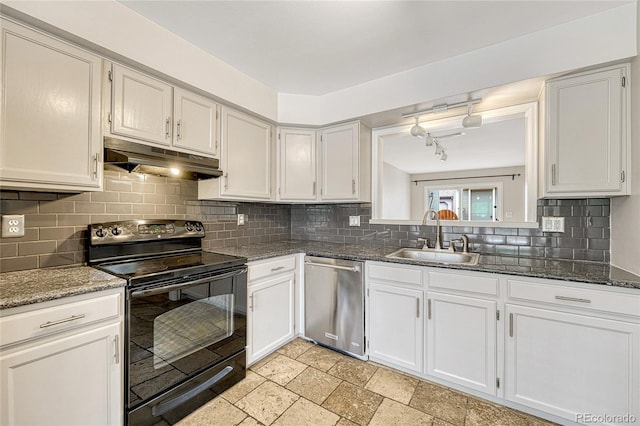 kitchen with dark stone counters, backsplash, sink, black electric range, and stainless steel dishwasher