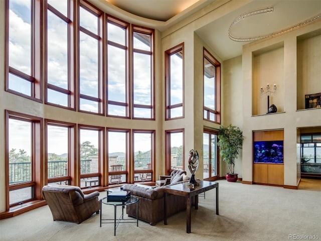 carpeted living room with a high ceiling