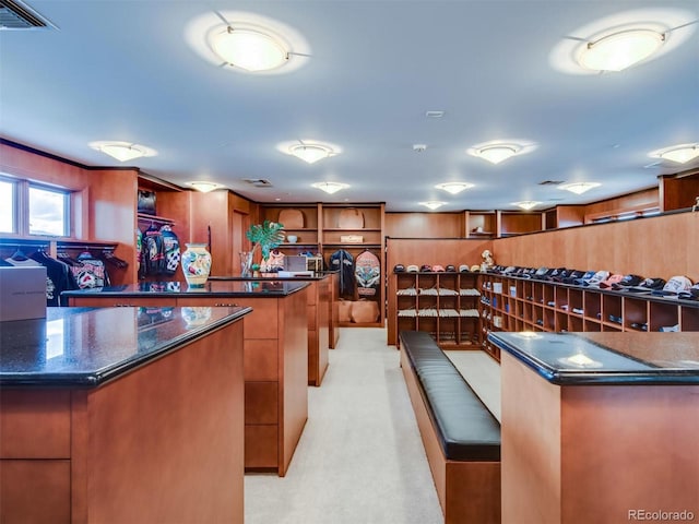 kitchen featuring light carpet, a center island, and wooden walls