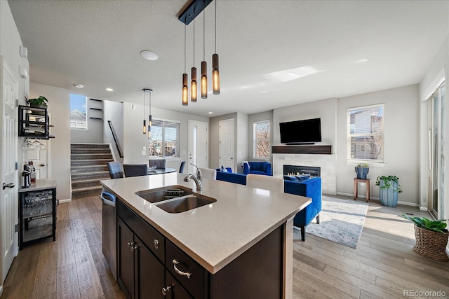 kitchen with a sink, light wood-style floors, a lit fireplace, light countertops, and dishwasher