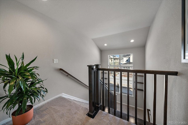 stairs with recessed lighting, baseboards, and carpet floors