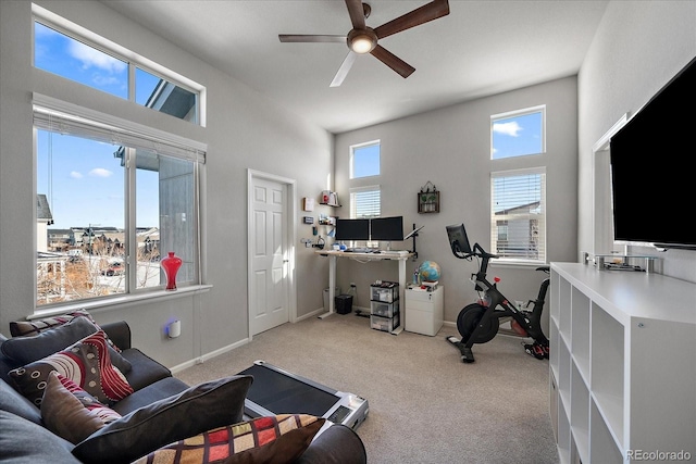 exercise area featuring carpet flooring, baseboards, and a wealth of natural light