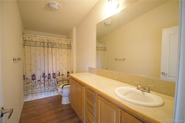 bathroom with toilet, vanity, and wood-type flooring