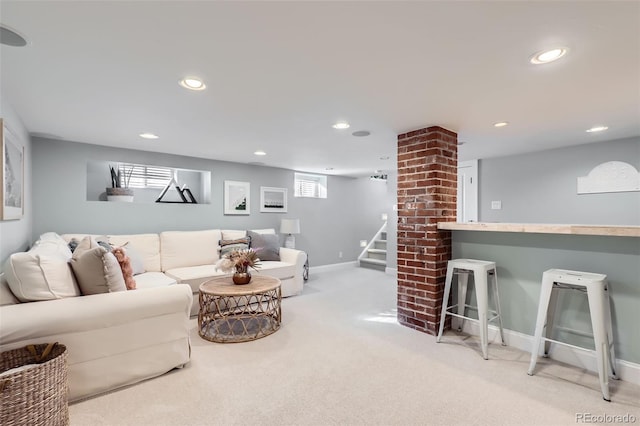 living room featuring stairway, recessed lighting, baseboards, and carpet floors