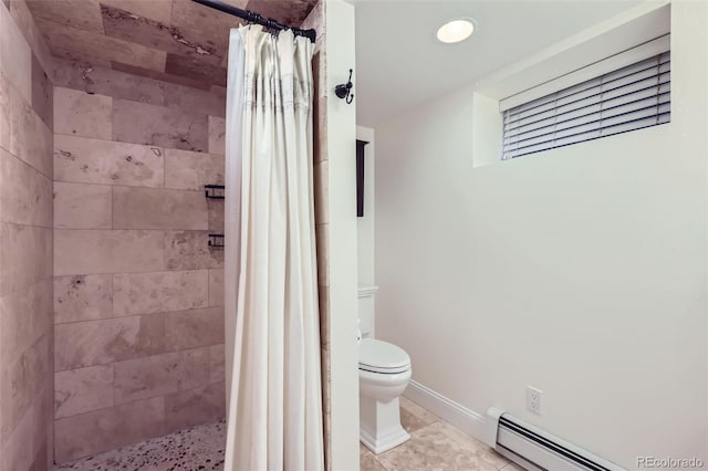 bathroom featuring a shower stall, baseboards, toilet, baseboard heating, and recessed lighting