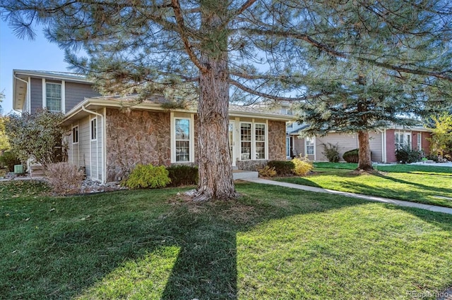 view of front of home featuring stone siding and a front lawn