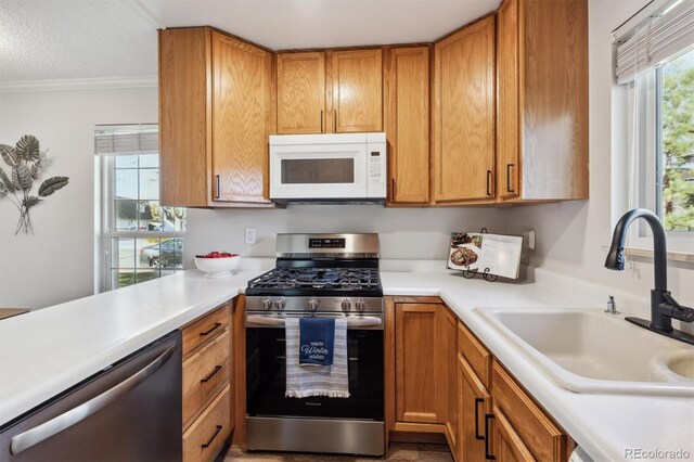 kitchen with brown cabinetry, stainless steel appliances, crown molding, light countertops, and a sink