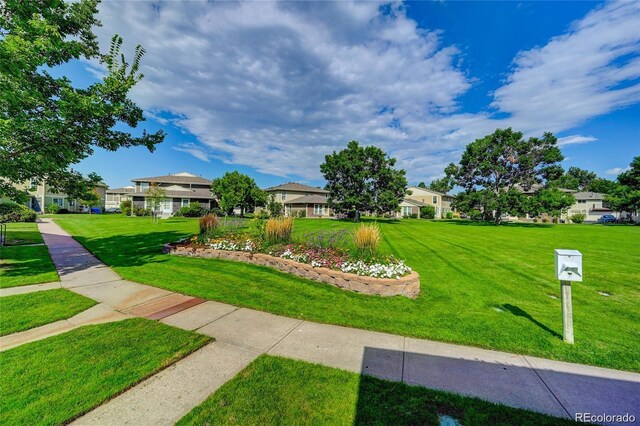 view of community with a residential view and a lawn