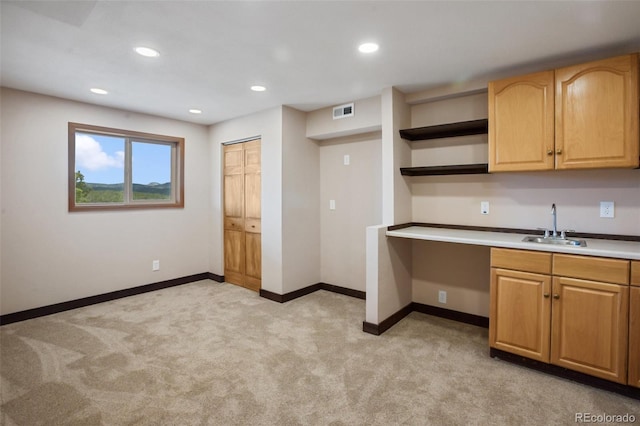 kitchen featuring open shelves, light carpet, a sink, baseboards, and visible vents