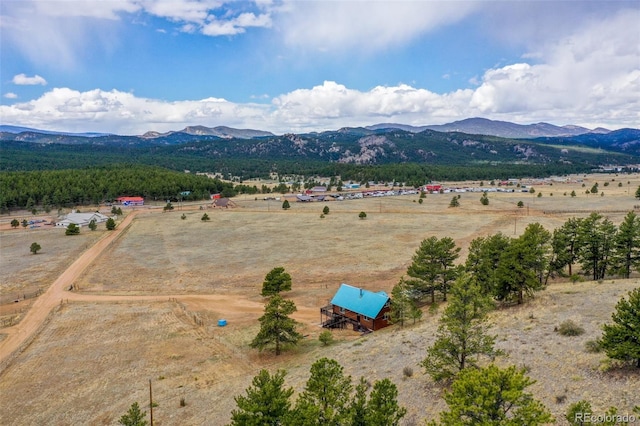 drone / aerial view featuring a mountain view and a rural view
