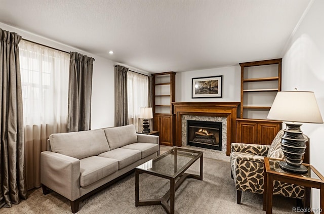 living area featuring light colored carpet and a premium fireplace