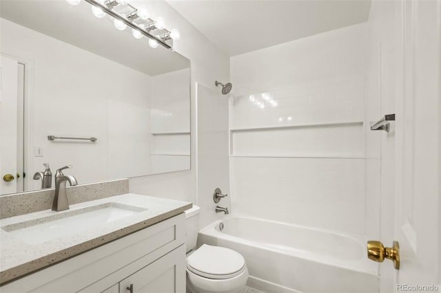 bathroom featuring  shower combination, toilet, and vanity